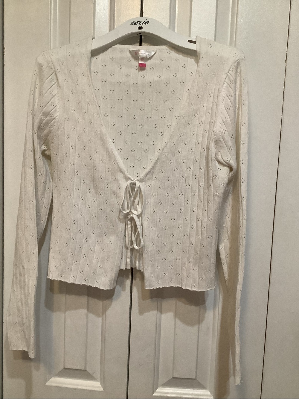 No Boundaries Cream Eyelet Tie-Front Long Sleeve Top